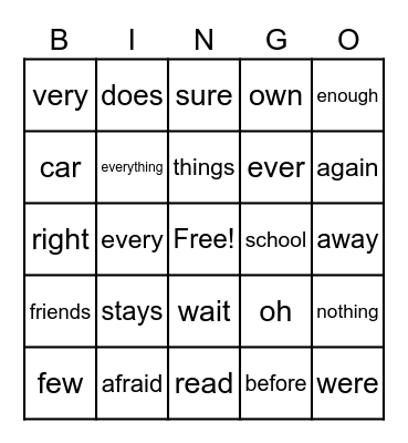 Unit 3 Sight Words Bingo Card