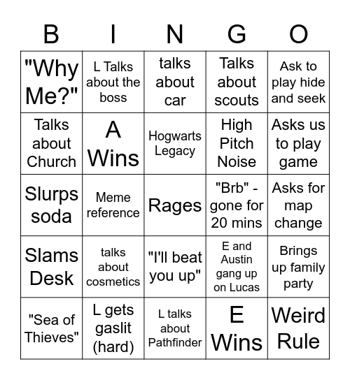 Stank Bingo Card