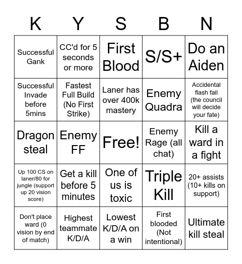 LoL Challenges Bingo Card