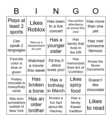 CCD Ms l.Sarah Bingo Card