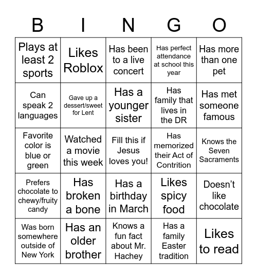 CCD Ms l.Sarah Bingo Card