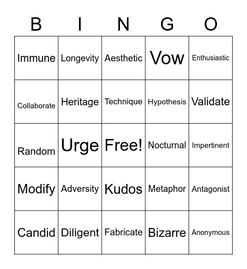 VOCABULARY BINGO Card