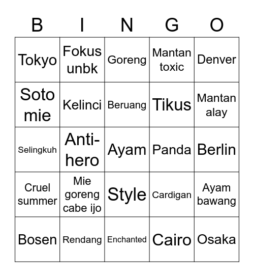 Bingo with Tokyo Bingo Card