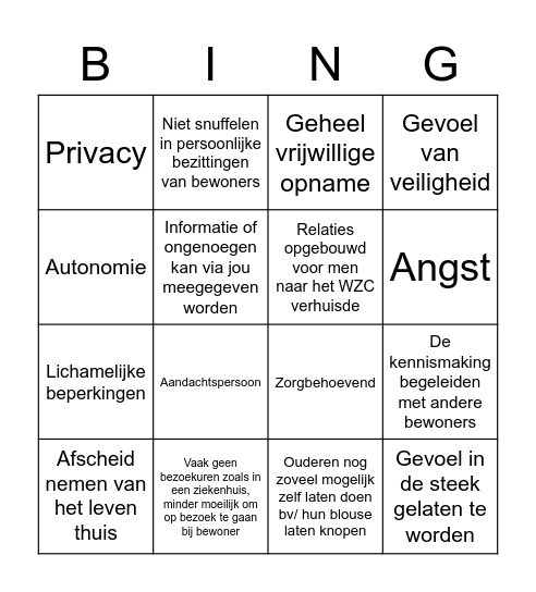 Verhuizen naar een woonzorgcentrum Bingo Card