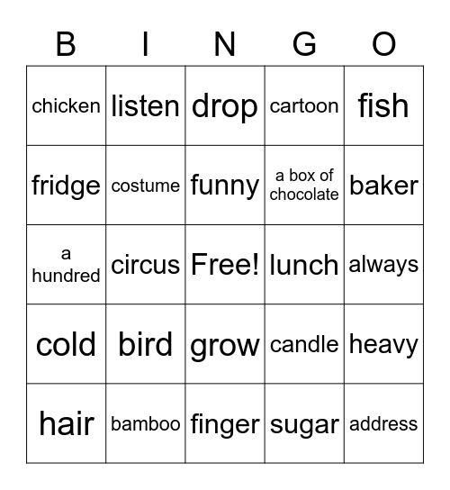 Vocabulary Bingo Card