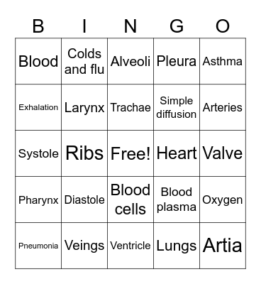 Respiratory / Circulatory Vocab Bingo Card