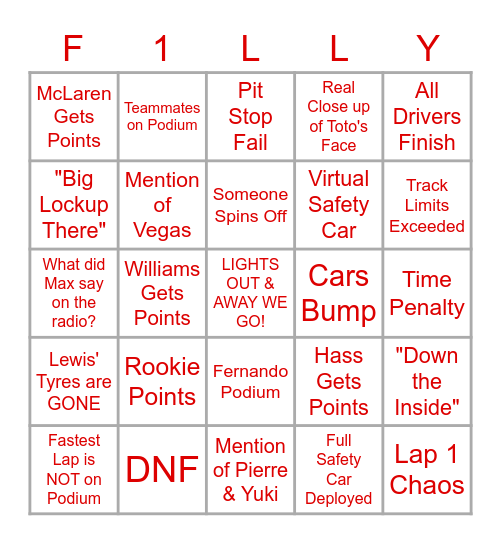 F1lly Grand Prix Bingo Card