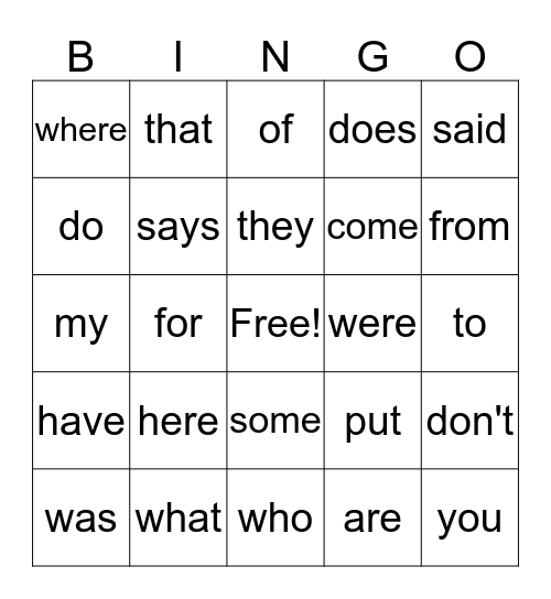 Sight Words Bingo Card