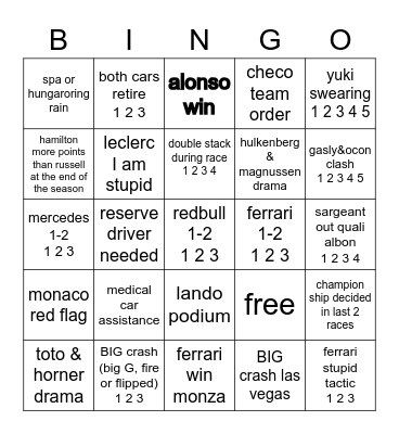 F1 2023 Bingo Card