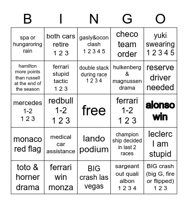 F1 2023 Bingo Card