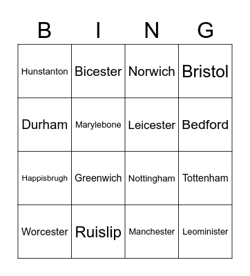 Pronunciation- English cities and towns Bingo Card
