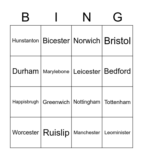 Pronunciation- English cities and towns Bingo Card