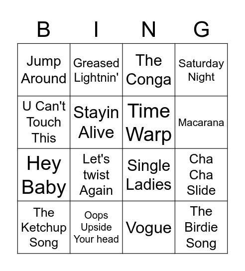 Novelty Song Bingo Card