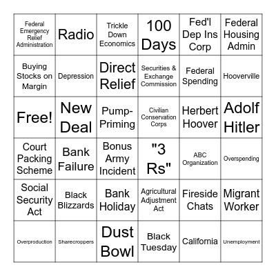 Great Depression Review Bingo Card