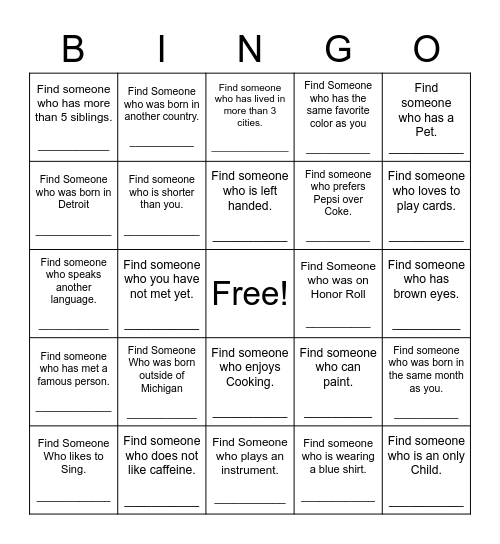 Find Someone Who Bingo Card