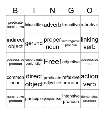 Parts of Speech Bingo Card