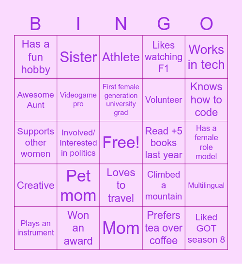 Women Social Bingo Card