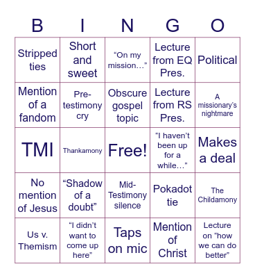 Fast and Testimony Meeting Bingo Card