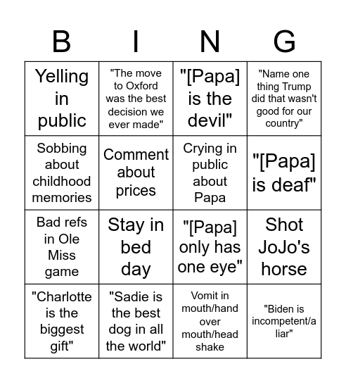 Grandparents Bingo Card