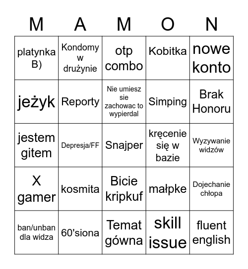 Mammon stream Bingo Card