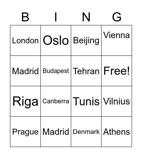 world capitals Bingo Card