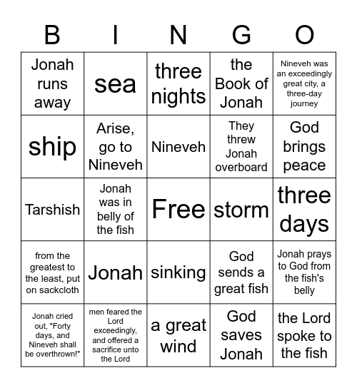 Jonah and the Great Fish Bingo Card