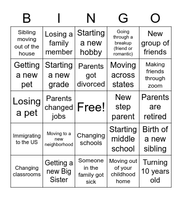 Transitions Bingo Card