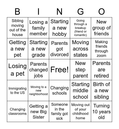 Transitions Bingo Card