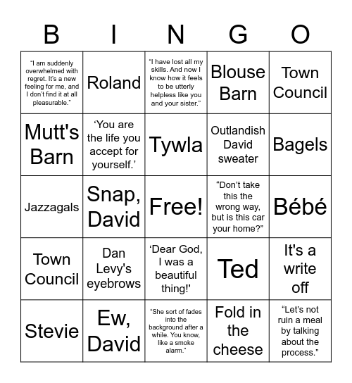 Schitt's Creek Season 2 Bingo Card