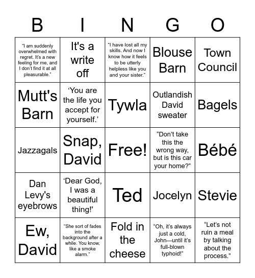 Schitt's Creek Season 2 Bingo Card