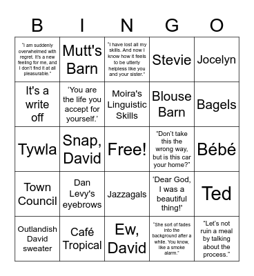 Schitt's Creek Season 2 Bingo Card