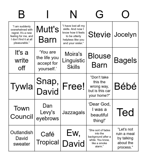 Schitt's Creek Season 2 Bingo Card