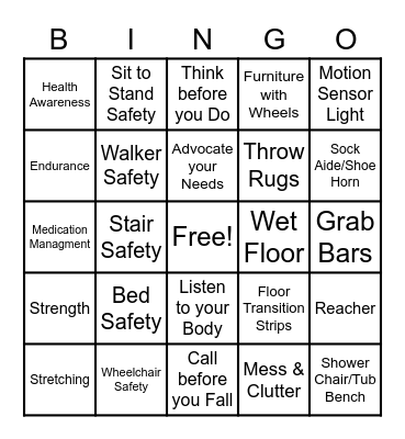 Fall Prevention Bingo Card