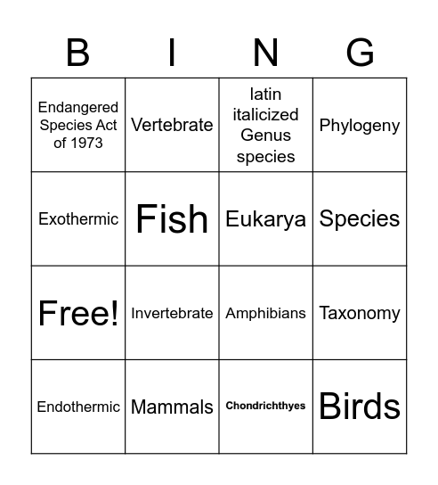 Diversity of Life STJ Bingo Card