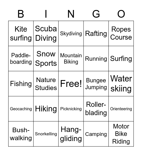 Outdoor Recreation Bingo Card