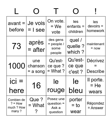 6 le français mars 2023 Bingo Card