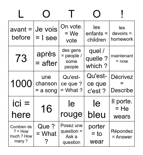 6 le français mars 2023 Bingo Card