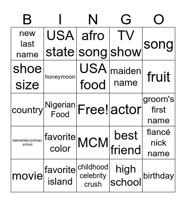 Moyo's Bachelorette Party Bingo Card