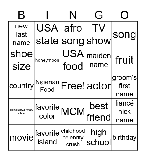 Moyo's Bachelorette Party Bingo Card