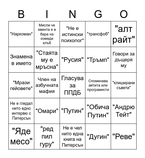 Умнокрасиво Питърсън Бинго Bingo Card