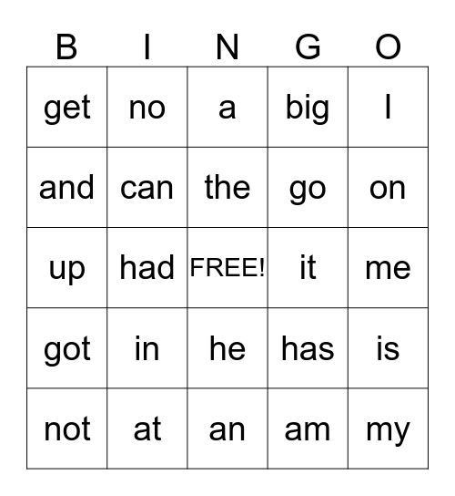 Sight Word Bingo Card