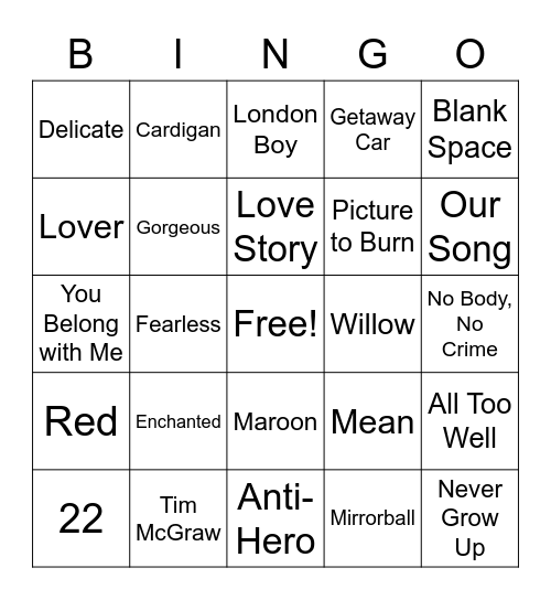 Taylor Swift Bingo Card