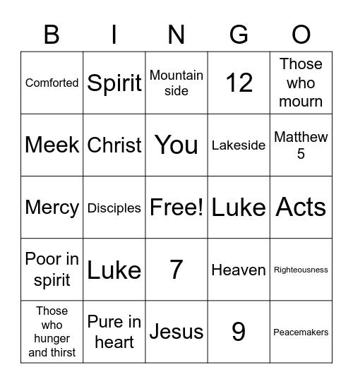 Beatitudes Bingo Card