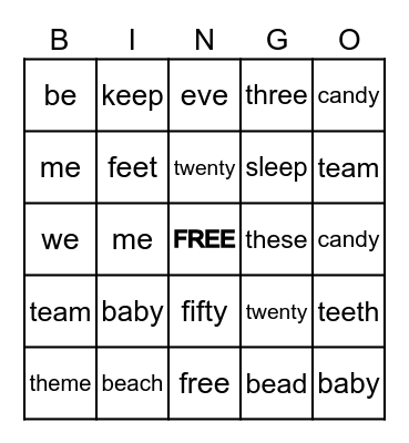 Long E Bingo Card