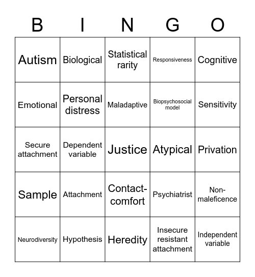 Psychological Development CAT Revision Bingo Card