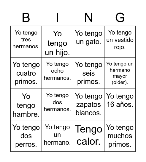 Yo tengo Bingo Card