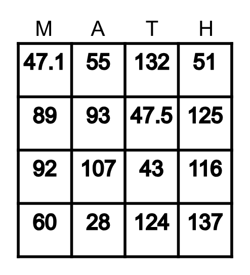 Missing Angles in Quadrilaterals BINGO Card