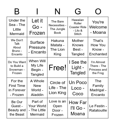 Disney Music Bingo Card