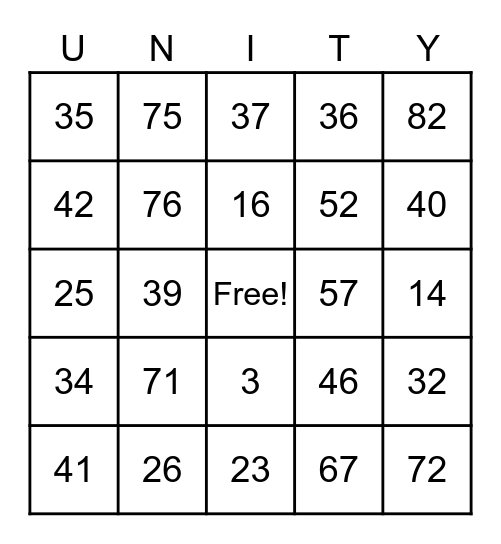 Unity Bingo Card