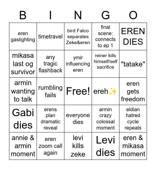 AOT Bingo sheet Bingo Card